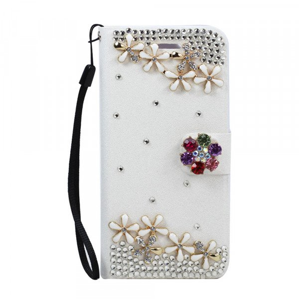Wholesale Galaxy S6 Crystal Flip Leather Wallet Case with Strap (Rainbow Flower White)
